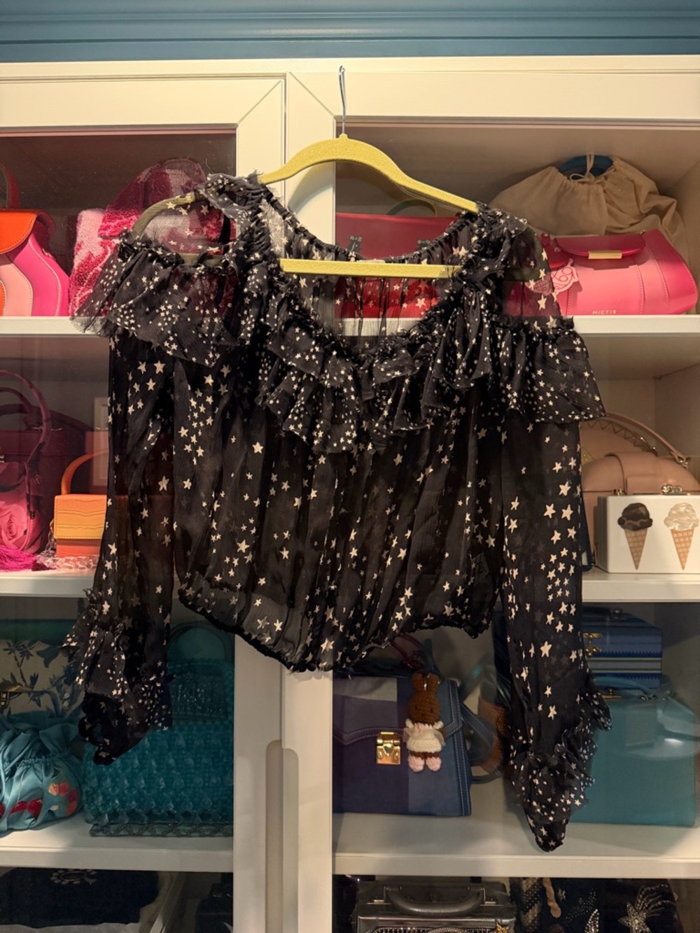 LoveShackFancy black sheer 100% silk ruffle star print top